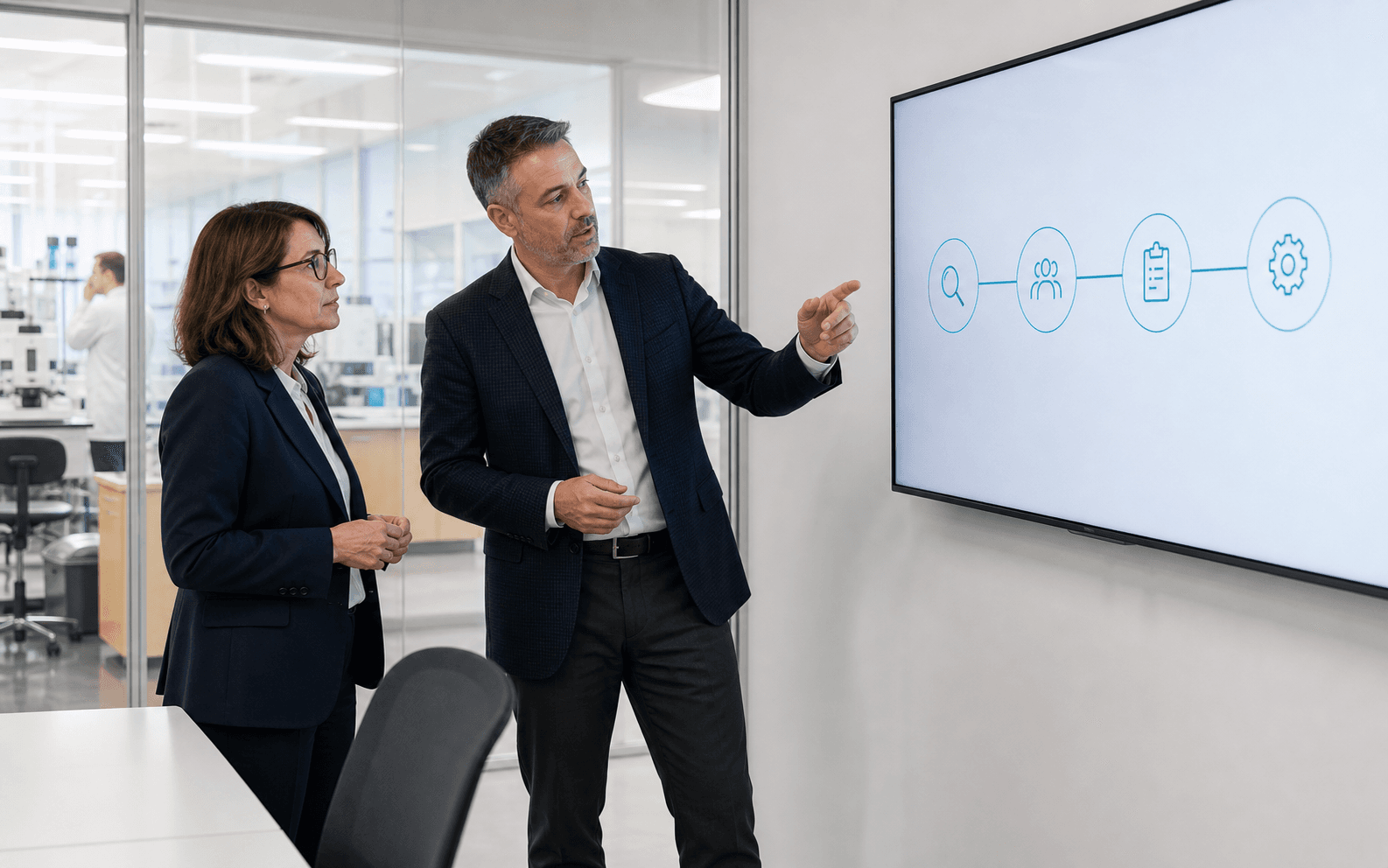 A client and consultant review a practical workflow in a life-science project room.
