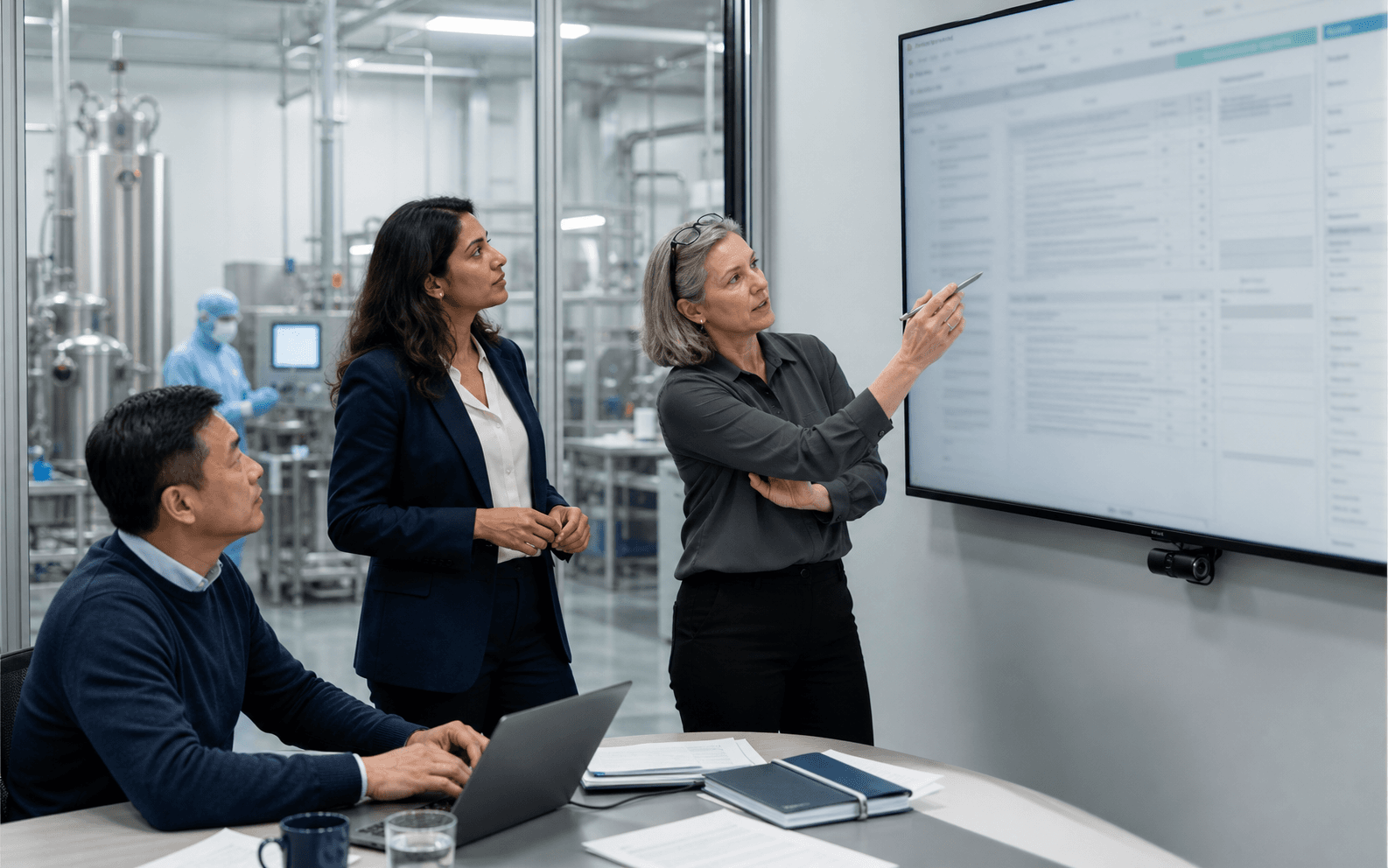 CDMO quality, manufacturing, and commercial leaders review a detailed sponsor-response work surface outside a manufacturing suite.