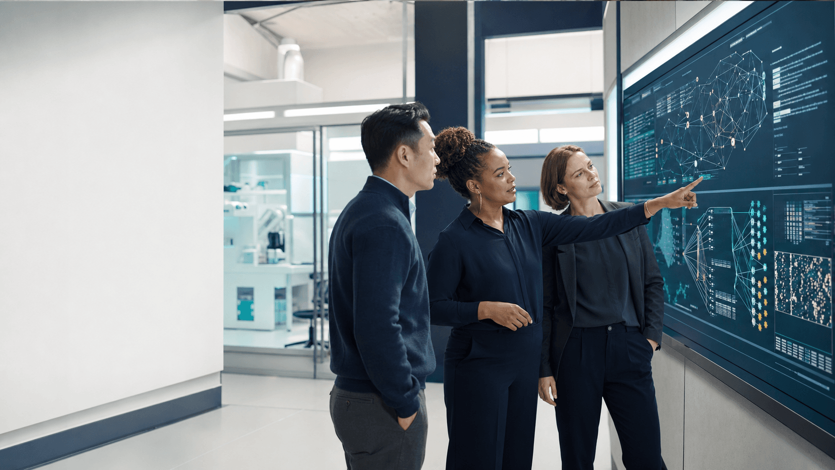 Three life-science leaders review a detailed decision model in a bright innovation suite.