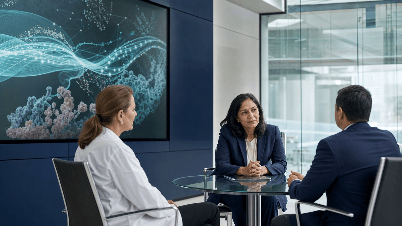 A senior advisor leads a life-science strategy discussion in an academic medical centre setting.